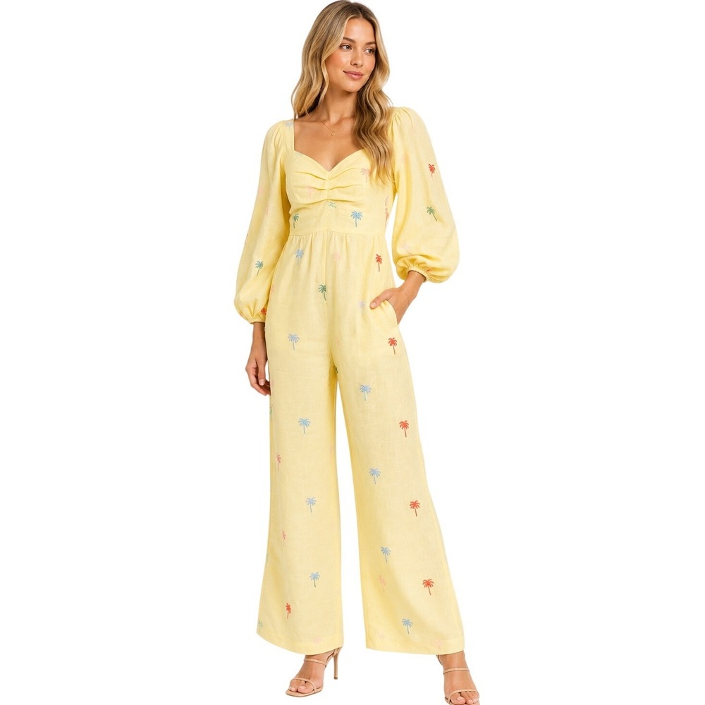 FARM Rio Women's Palm Tree Embroidered Puff Sleeve Sweetheart Jumpsuit Sz Small
